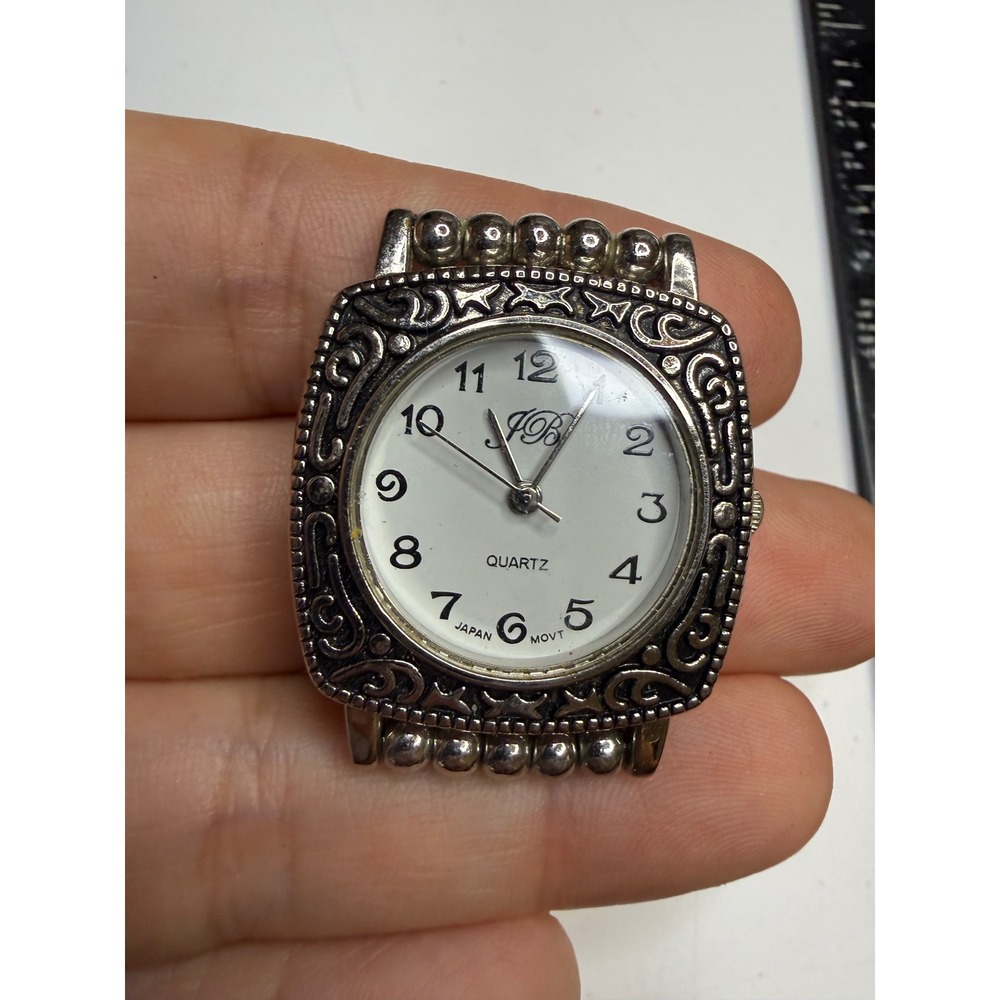 JB Quartz Watch Head Silver Tone Filigree Square Bezel Japan Movt Stainless Back